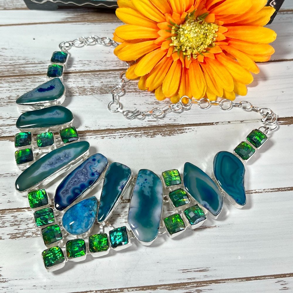 Solar Agate Necklace Triplet Opal Ocean Blue Large Handmade 925 Silver Boho New! - Picture 2 of 16